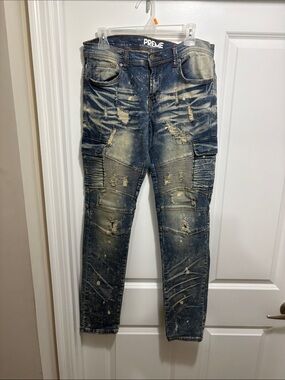 Men's Distressed Blue Washed Moto Jeans
